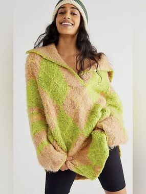 Free People‎ Sunshine To Follow Argyle Sweater Oversized Knit Tan Green Small